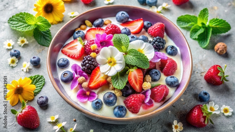 A delightful bowl of creamy yogurt topped with a vibrant mix of fresh berries, crunchy granola, and delicate edible flowers, a refreshing and healthy breakfast or dessert option A delightful bowl of creamy yogurt topped with a vibrant mix of fresh berries, crunchy granola, and delicate edible flowers, a refreshing and healthy breakfast or dessert option