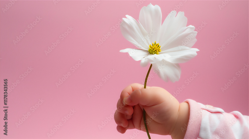 Blossom flower in baby's hand in close up, version 14 Blossom flower in baby's hand in close up, version 14