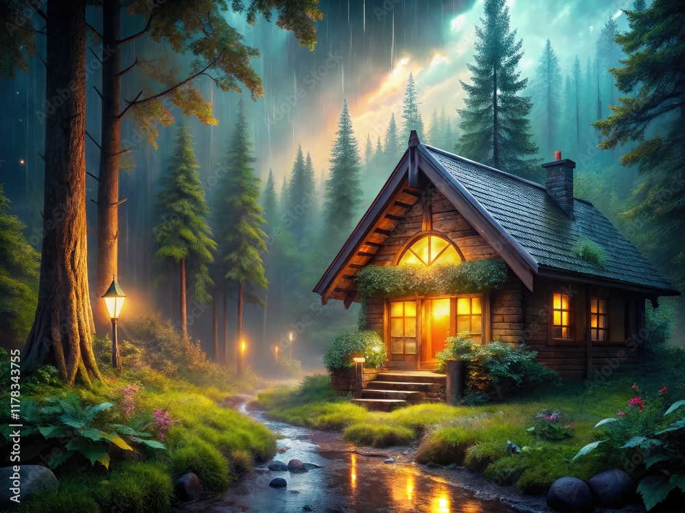 Fototapeta premium Glowing cottage lights pierce the dark fantasy forest rain, enchanting a magical wooden haven.