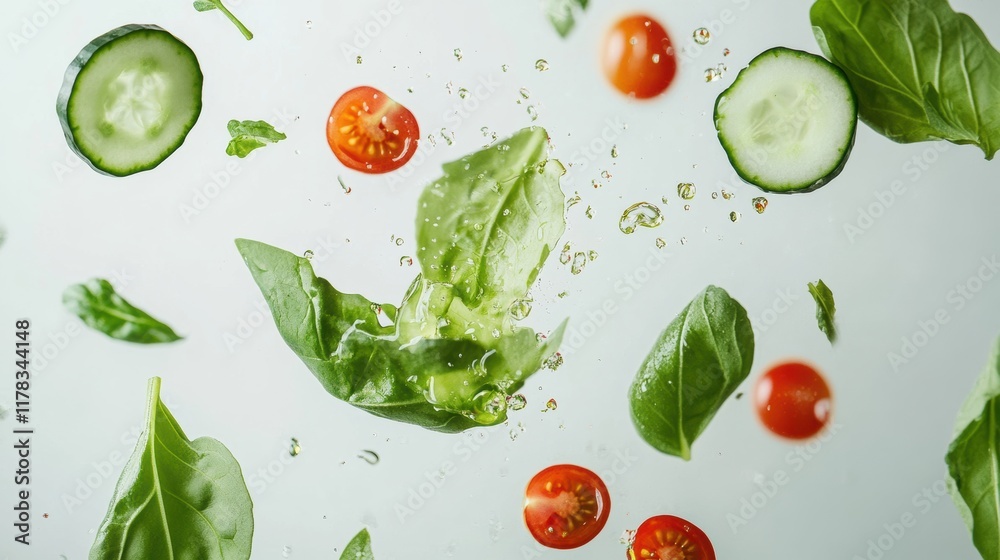 Fresh Green Salad Leaves with Cherry Tomatoes and Cucumber Slices in Air with Olive Oil Drops Fresh Green Salad Leaves with Cherry Tomatoes and Cucumber Slices in Air with Olive Oil Drops