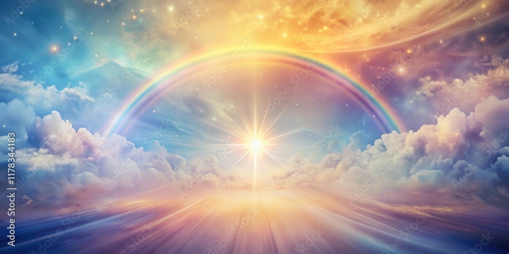 Celestial Pathway A Radiant Rainbow Arcs Across a Dreamlike Landscape of Clouds, Stars, and a Glowing Sun, Leading to a Serene Horizon. Celestial Pathway A Radiant Rainbow Arcs Across a Dreamlike Landscape of Clouds, Stars, and a Glowing Sun, Leading to a Serene Horizon.