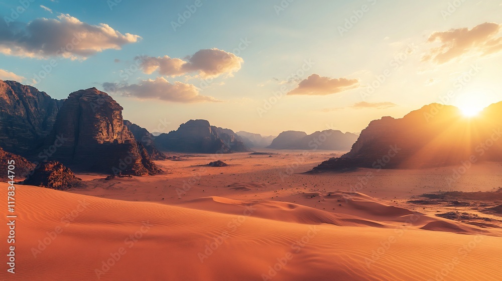 Naklejka premium Vibrant sunset over vast desert landscape with majestic mountains.