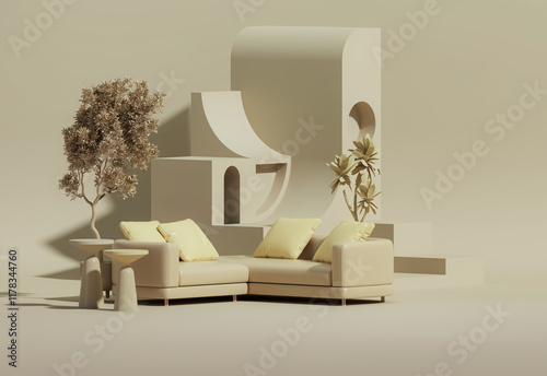 Interior of the room in plain monochrome beige yellow color with furnitures and room accessories. Light background with copy space. 3D rendering for web page, presentation backgrounds.