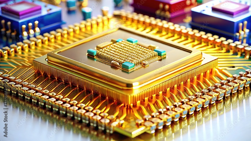 High-Resolution Microchip Closeup: Gold Connectors, Modern Technology High-Resolution Microchip Closeup: Gold Connectors, Modern Technology