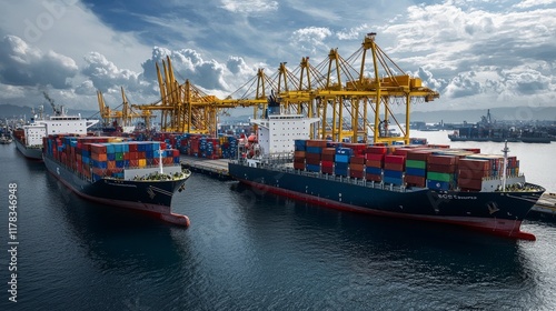 Port congestion crisis container ships overloaded at busy terminal urban waterfront aerial view maritime industry challenges