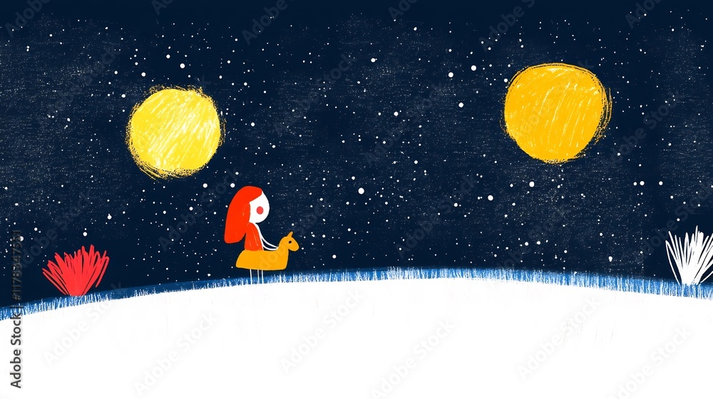 Naklejka premium Charming Child Rides Toy Horse Underneath Two Bright Moons; Whimsical Nighttime Illustration. AI Generated