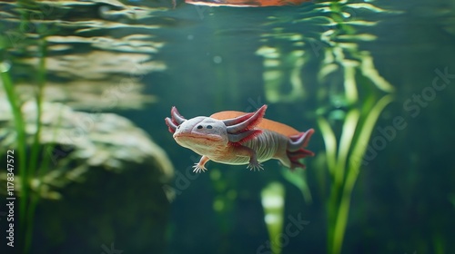 An axolotl swimming gracefully in a serene aquatic environment.