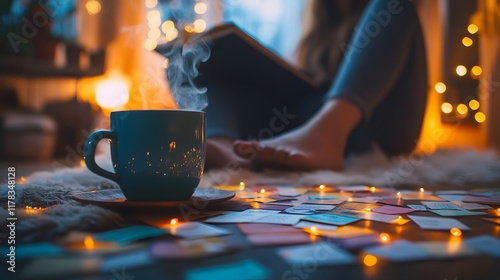 Cozy Reading Nook with a Novel and Tea photo