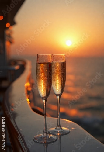 Two Champagne Flutes Sunset Ocean Cruise Romance