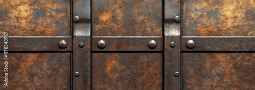 Rusty metal texture with rivets and steel bars.