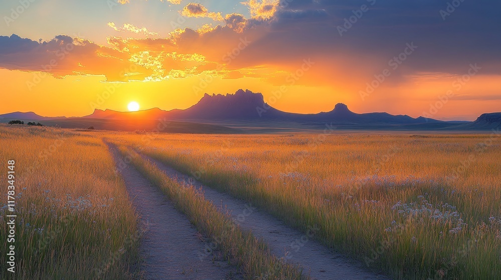 Obraz premium A serene sunset over a grassy landscape with a dirt path leading towards distant mountains.
