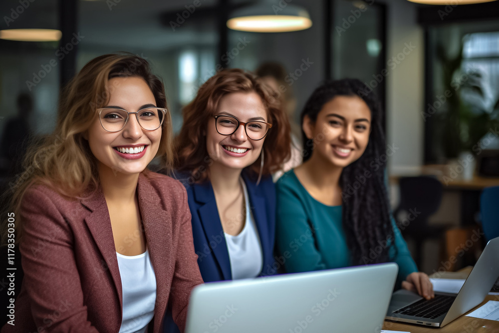 Portrait of successful group of business people at modern office looking at camera. Portrait of happy businessmen and satisfied businesswomen standing and smile as a team. Generative AI. Portrait of successful group of business people at modern office looking at camera. Portrait of happy businessmen and satisfied businesswomen standing and smile as a team. Generative AI.