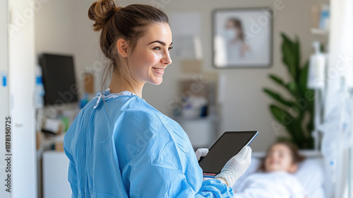 Australian nurse doctor woman in medical coat with tablet take care girl patient