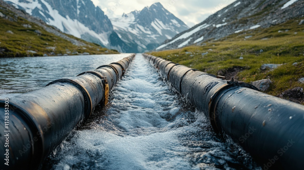 A long pipe of water is flowing through a mountain valley A long pipe of water is flowing through a mountain valley