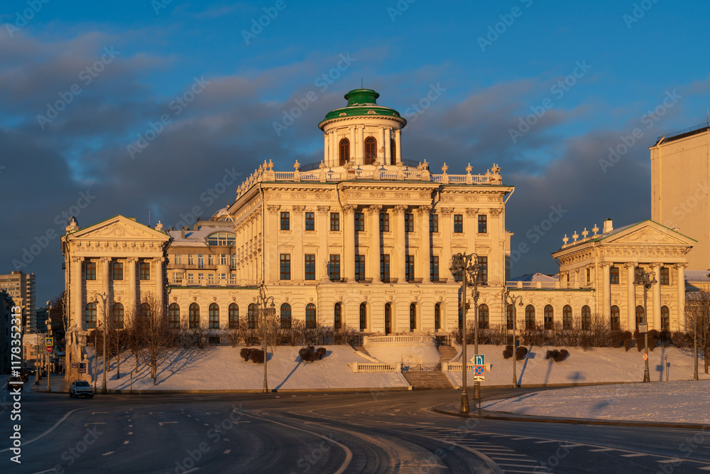 Fototapeta premium One of the most beautiful buildings in the city, the Pashkov House on Vozdvizhenka Street, now belongs to the Russian State Library on a sunny winter day, Moscow, Russia