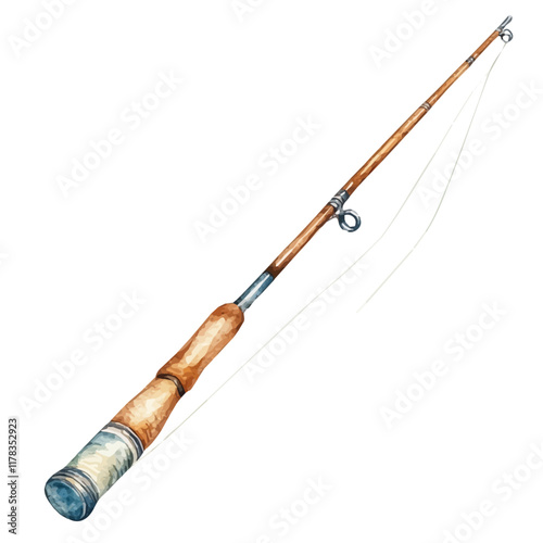 A watercolor drawing of a fishing rod, isolated on a white background. Fishing rod vector.
