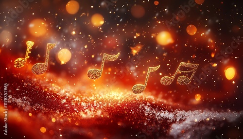 Wallpaper Mural Musical staff with shimmering gold notes, glittercovered and set against a softly blurred snowy dark velvet red background, ideal for elegant banners and posters Torontodigital.ca