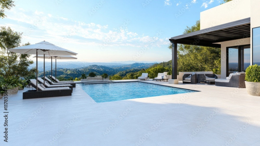 Modern outdoor pool area with scenic views and lounge furniture. Modern outdoor pool area with scenic views and lounge furniture.