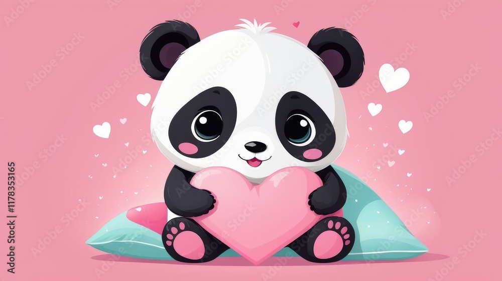 Obraz premium computer wallpaper cute pink ,Cute panda hugging a pastel pink heart-shaped pillow