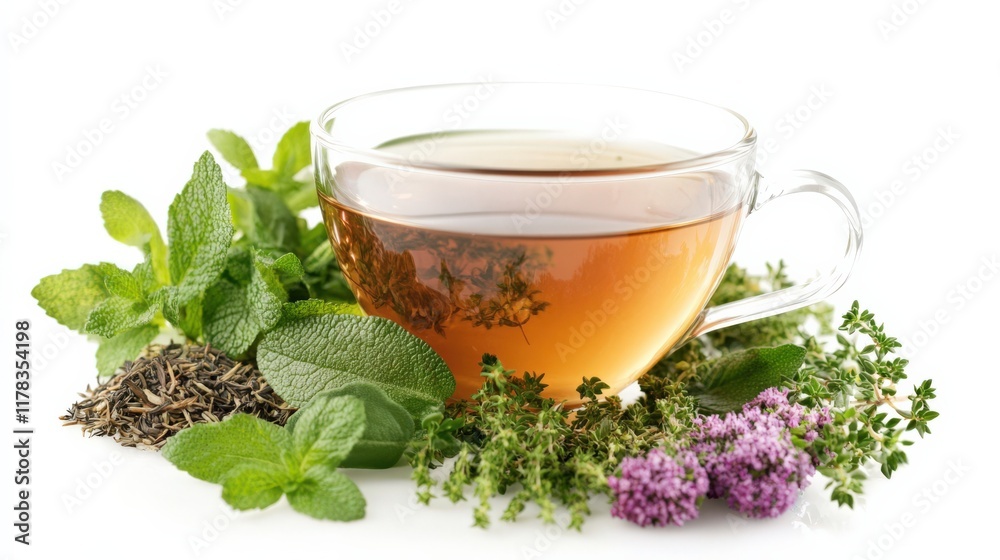 A cup of tea with herbs and spices on top of it A cup of tea with herbs and spices on top of it