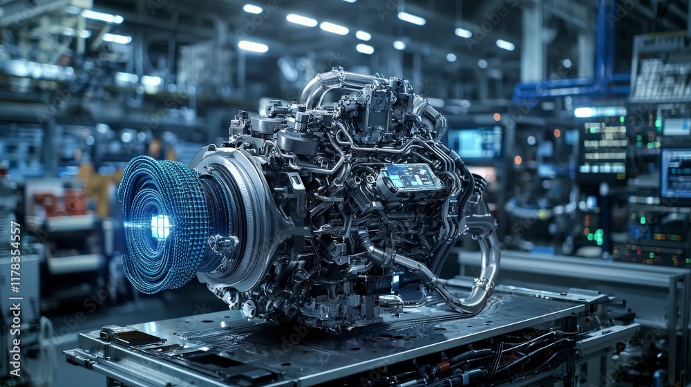 Innovative engine design showcases material science advances in futuristic manufacturing facility Innovative engine design showcases material science advances in futuristic manufacturing facility