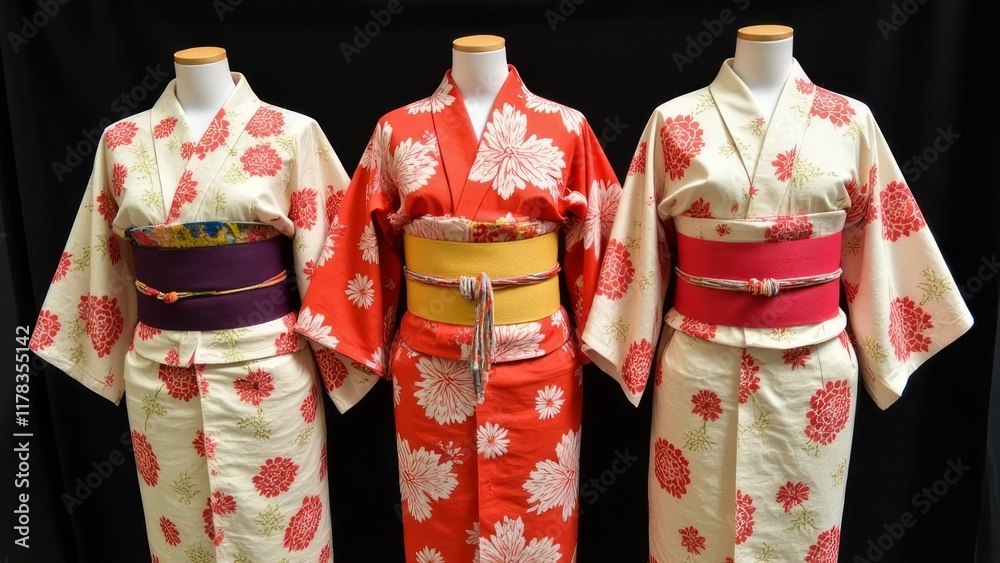 Three Japanese Kimonos Displayed On Mannequins Three Japanese Kimonos Displayed On Mannequins