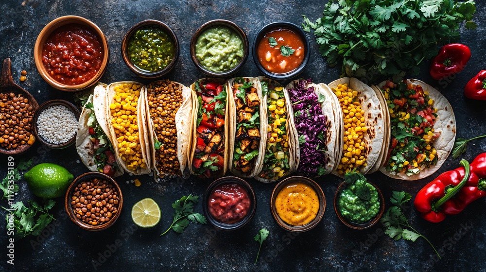 Fototapeta premium An abstract flat lay of various plant-based tacos, each filled with unique ingredients like lentils, jackfruit, and grilled corn, served with colorful salsas.