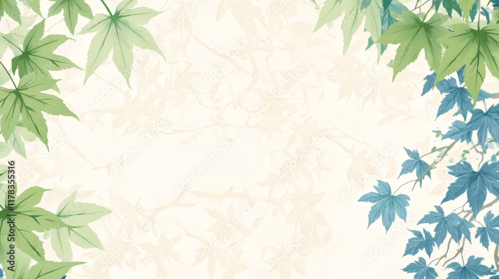 Vibrant green and blue leaves frame a soft, neutral background. Vibrant green and blue leaves frame a soft, neutral background.