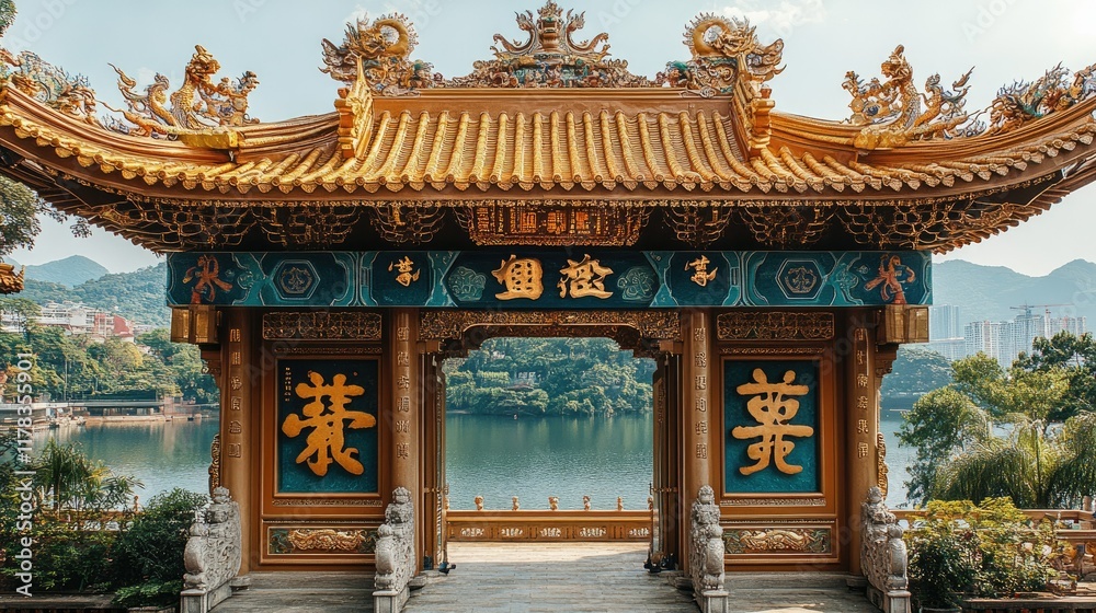 Ornate golden gate of a temple overlooking a serene lake and cityscape Ornate golden gate of a temple overlooking a serene lake and cityscape
