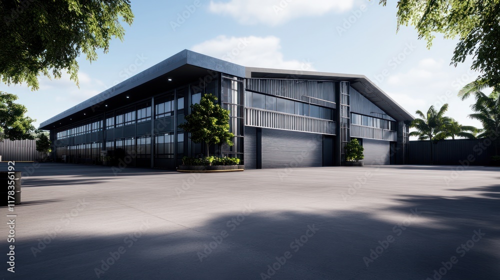 Modern industrial building with large windows and surrounding greenery. Modern industrial building with large windows and surrounding greenery.