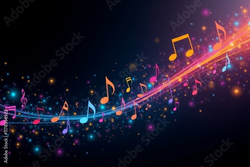 Colorful Musical Notes Flowing Through Sparkling Lights