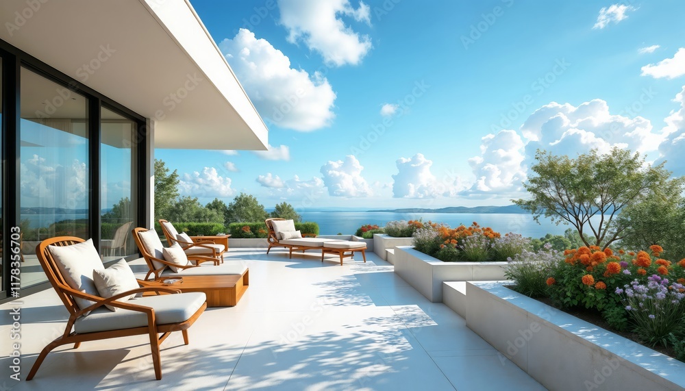 Fototapeta premium Spacious outdoor terrace with comfortable wooden loungers, vibrant orange and purple flowers, a tranquil sea view, and lush greenery surrounding the area, offering a serene escape and a peaceful atmos