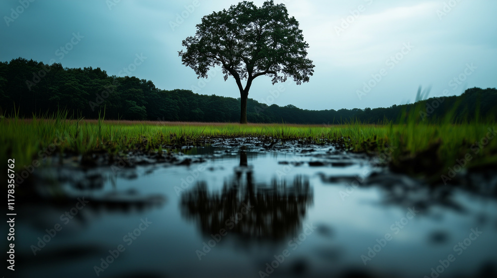Lonely tree standing in a wetland surrounded by shallow water and reeds, minimalist scenery under a soft, cloudy sky. Lonely tree standing in a wetland surrounded by shallow water and reeds, minimalist scenery under a soft, cloudy sky.