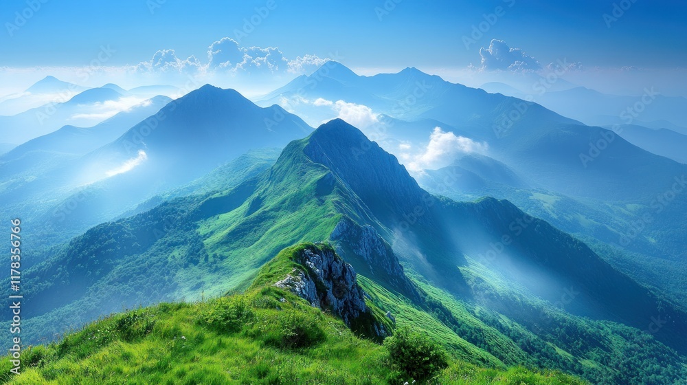 Fototapeta premium A breathtaking mountain landscape with lush greenery and misty peaks under a clear sky.