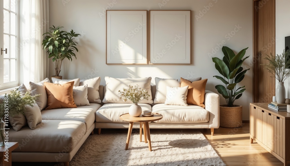 Bright and cozy living room with a beige corner sofa, wooden coffee table with dried flowers, plush light-colored rug, large window, indoor plants, wooden decor, and serene, harmonious atmosphere. Bright and cozy living room with a beige corner sofa, wooden coffee table with dried flowers, plush light-colored rug, large window, indoor plants, wooden decor, and serene, harmonious atmosphere.