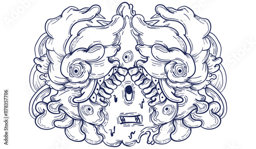 Doodle art pattern design in black and white brush style. It shows odd creatures interacting to give shape to new ones. The seamless design aligns in a mirrored way following two symmetrical axes