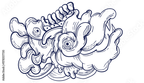 Doodle art pattern design in black and white brush style. It shows odd creatures interacting to give shape to new ones. The seamless design aligns in a mirrored way following two symmetrical axes