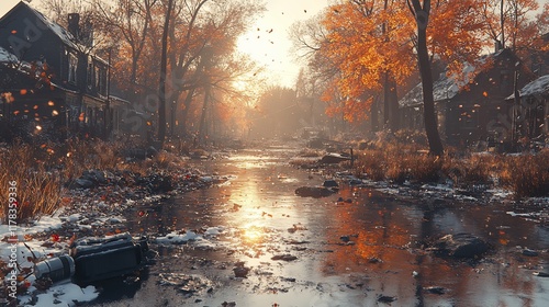 Autumnal creekside village, falling leaves, sunrise, snow photo