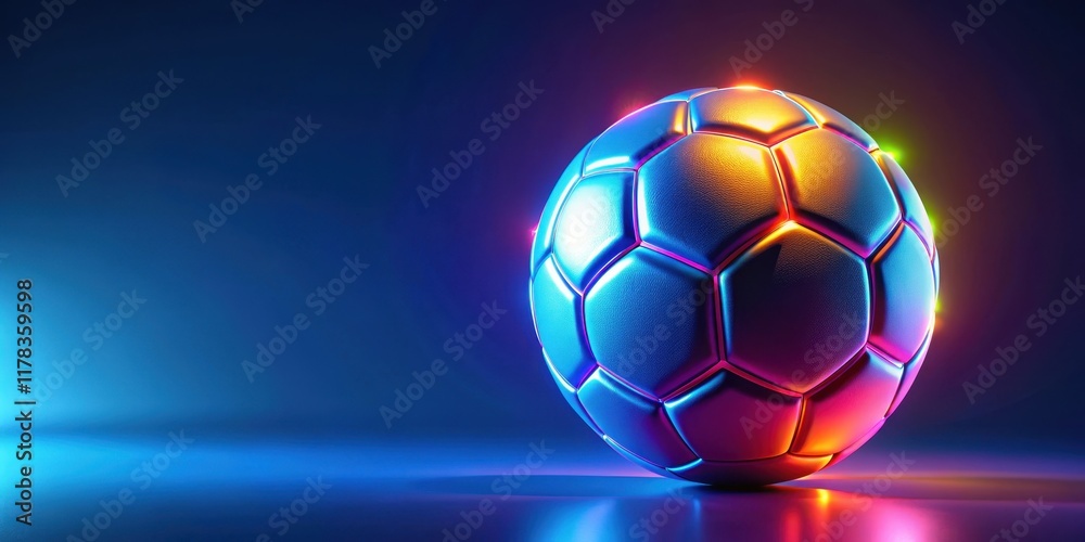 Fototapeta premium Abstract glowing neon colored soccer ball over blue background