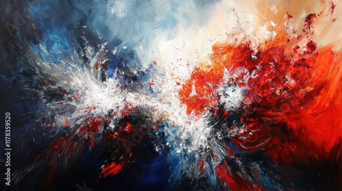 Abstract painting with red, blue, and white colors creating a dynamic, energetic composition.