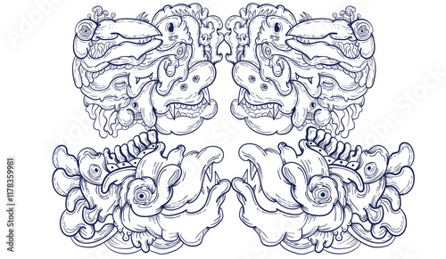 Doodle art pattern design in black and white brush style. It shows odd creatures interacting to give shape to new ones. The seamless design aligns in a mirrored way following two symmetrical axes