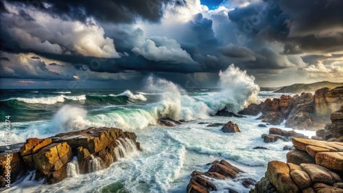 Powerful Atlantic Ocean waves crash against a rugged rocky coastline during a fierce storm, with dark clouds and heavy rain in the background , rocky coastline, seawaves atlantic ocean stormy weather