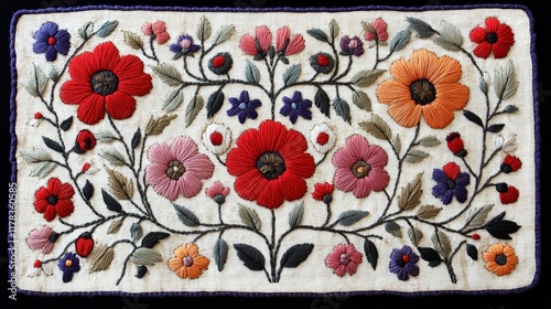 Hand-embroidered floral tapestry with red, pink, orange flowers and green leaves on off-white fabric, framed with dark purple border. photo