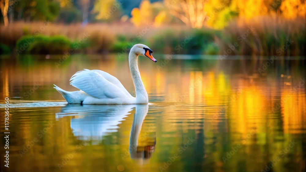 Fototapeta premium Swan swims in serene lake, lake, serene, lake, serene, feathers, bird, water, tranquility, landscape, reflection