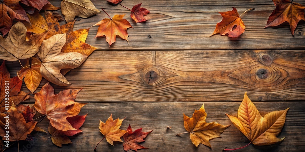 Obraz premium Muted orange hues with scattered fallen leaves on a wooden texture background, earth tones, organic, earth tones, organic, foliage