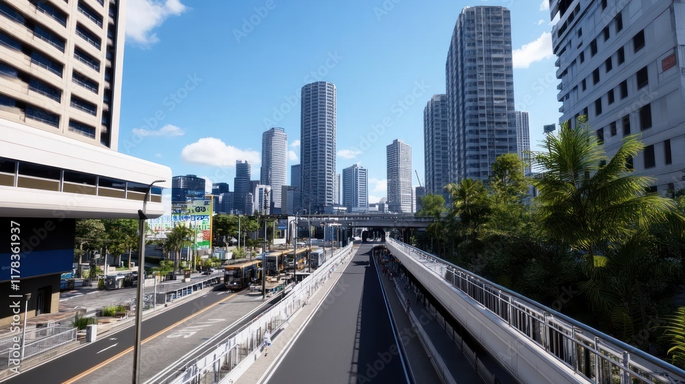 Obraz premium Urban skyline with modern buildings and a busy transport area.