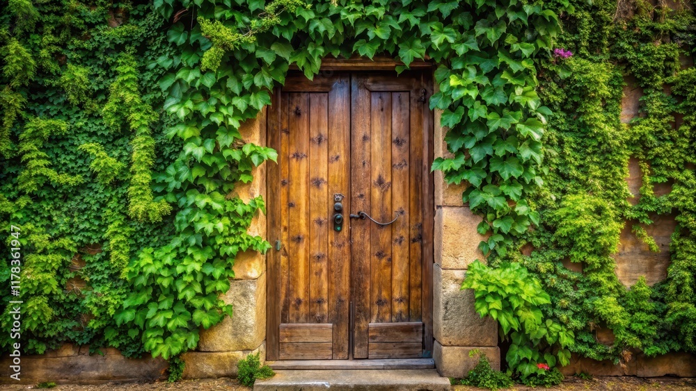 Old wooden door with green leaves, plants, decoration, plants, decoration, architecture, foliage, wood Old wooden door with green leaves, plants, decoration, plants, decoration, architecture, foliage, wood