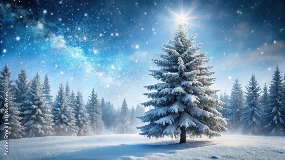 Snow-covered fir tree standing alone in a frozen forest landscape with bare trees and white snow flakes gently falling around it Snow-covered fir tree standing alone in a frozen forest landscape with bare trees and white snow flakes gently falling around it