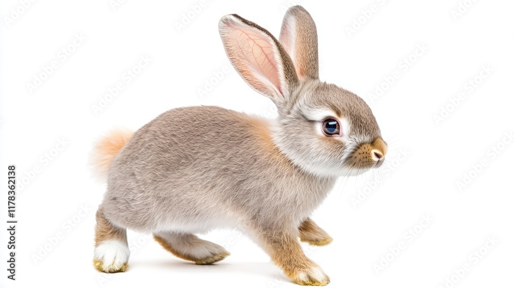 Fototapeta premium A cute gray rabbit hopping playfully on a white background.