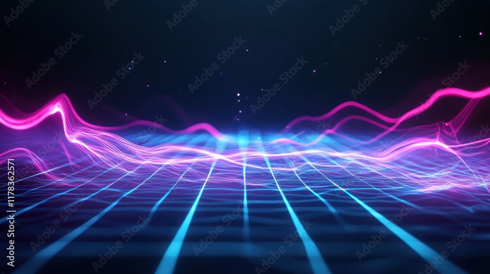 Fototapeta premium Abstract digital waves in vibrant colors over a grid background.